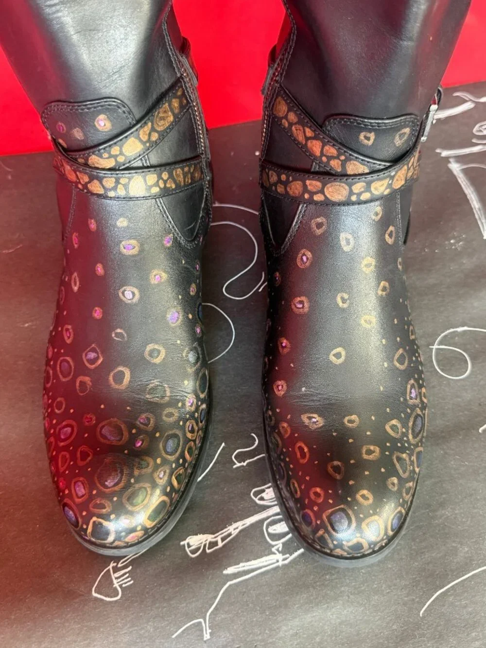 Hand Painted Leather Riding Boots | Gold Mosaic Knee High Boots, Unique